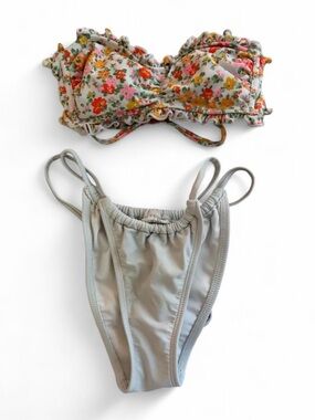Floral Bandeau Bikini Top and Solid White Bottoms - Floral/Gray